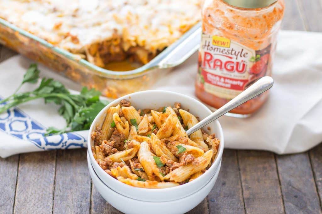 Baked Mostaccioli is loaded with ooey, gooey cheeses and packed with meat thanks to RAGÚ® Homestyle Thick & Hearty Meat Sauce. It's the perfect comfort food any night of the week and sure to become a family favorite! | Strawberry Blondie Kitchen