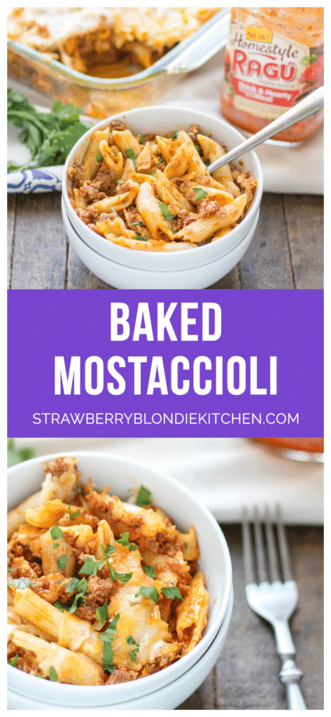 Baked Mostaccioli is loaded with ooey, gooey cheeses and packed with meat thanks to RAGÚ® Homestyle Thick & Hearty Meat Sauce. It's the perfect comfort food any night of the week and sure to become a family favorite! | Strawberry Blondie Kitchen