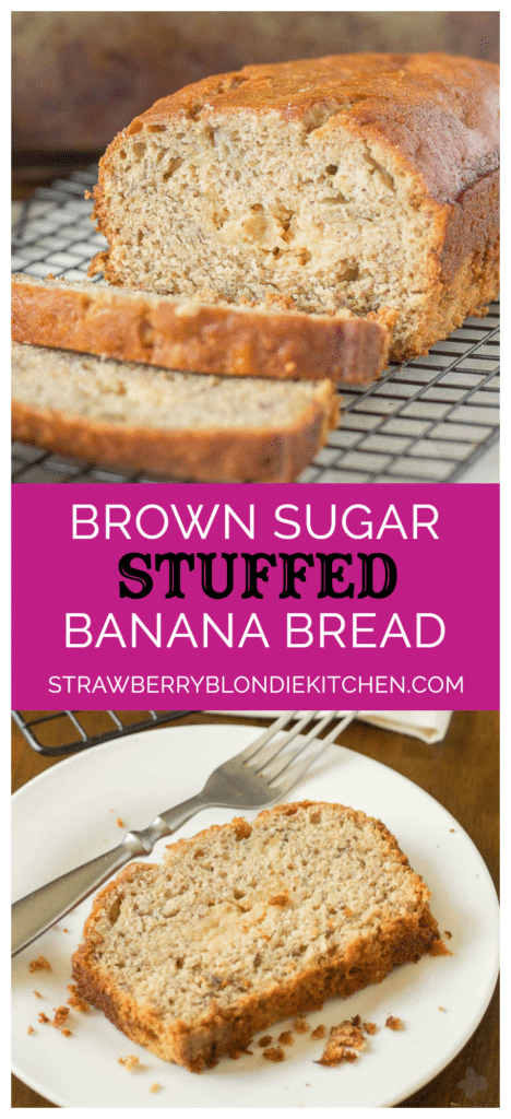 Super moist banana bread is ribboned with brown sugar cream cheese and aromatic spices making this Brown Sugar Stuffed Banana Bread one outstanding quick bread. It's sure to be the last Banana bread recipe you'll ever need! | Strawberry Blondie Kitchen