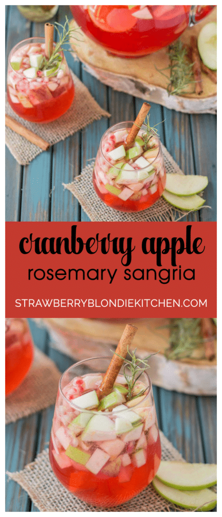 A delicious blend of cranberries, apples, cinnamon, rosemary and seasonal fruits make this Cranberry Apple Rosemary Sangria the go to cocktail of Autumn. | Strawberry Blondie Kitchen