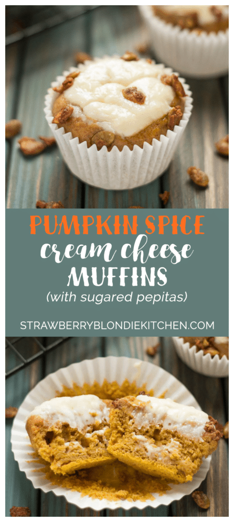 Pumpkin Spice Cream Cheese Muffins are the quintessential treat of Fall. Filled with aromatic autumn spices, stuffed with cream cheese and sprinkled with sugared pepitas, this is sure to be your go to Pumpkin Spice Cream Cheese Muffins recipe. | Strawberry Blondie Kitchen
