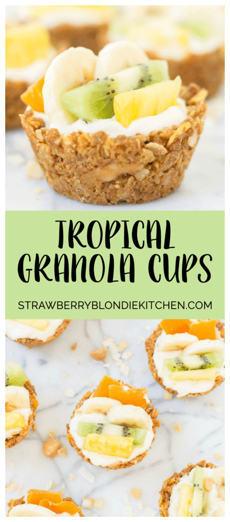 Head to the islands with these Tropical Granola Cups. These cups are made with Honey Bunches of Oats® cereal, bananas, oatmeal and coconut. Then filled with yogurt and delicious tropical fruits. You'll feel like you're on an island oasis every morning! | Strawberry Blondie Kitchen