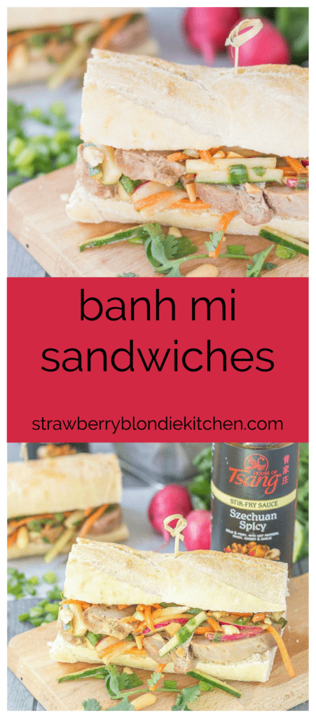 These Banh Mi Sandwiches are packed with bold Asian flavors. Pork is marinated in House of Tsang Szechuan SpicyTM Sauce and their Bangkok Peanut SauceTM dresses the vegetable coleslaw, which is piled high on top the pork. A few peanuts are added for crunch and you’ve got yourself the perfect Banh Mi Sandwich. | Strawberry Blondie Kitchen