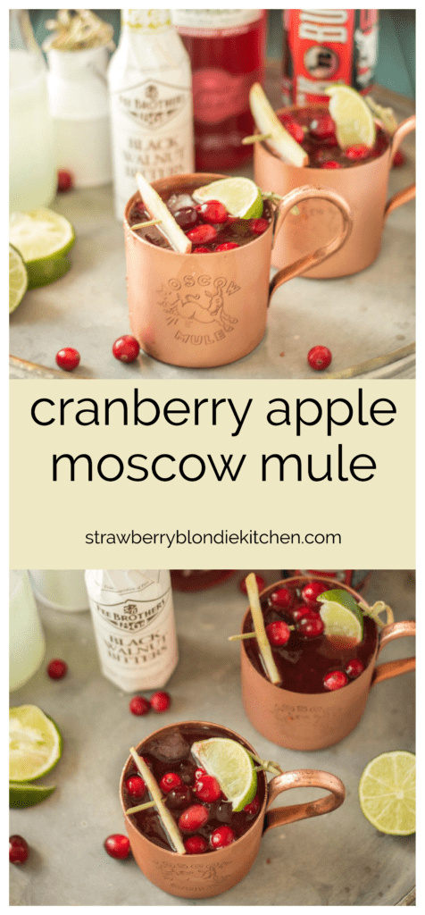 Serve this Cranberry Apple Moscow Mule at your parties this season and you'll always have a full house. Cranberry Apple vodka is crafted with black walnut bitters, ginger beer and lime giving a delicious nutty Fall twist to a classic! | Strawberry Blondie Kitchen