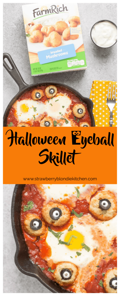 Eggs are baked in a tomato sauce and then breaded mushrooms with sliced black olives, made to looks like eyes, are nestled alongside to create this Halloween Eyeball Skillet. A festive meal sure to please the entire family! | Strawberry Blondie Kitchen