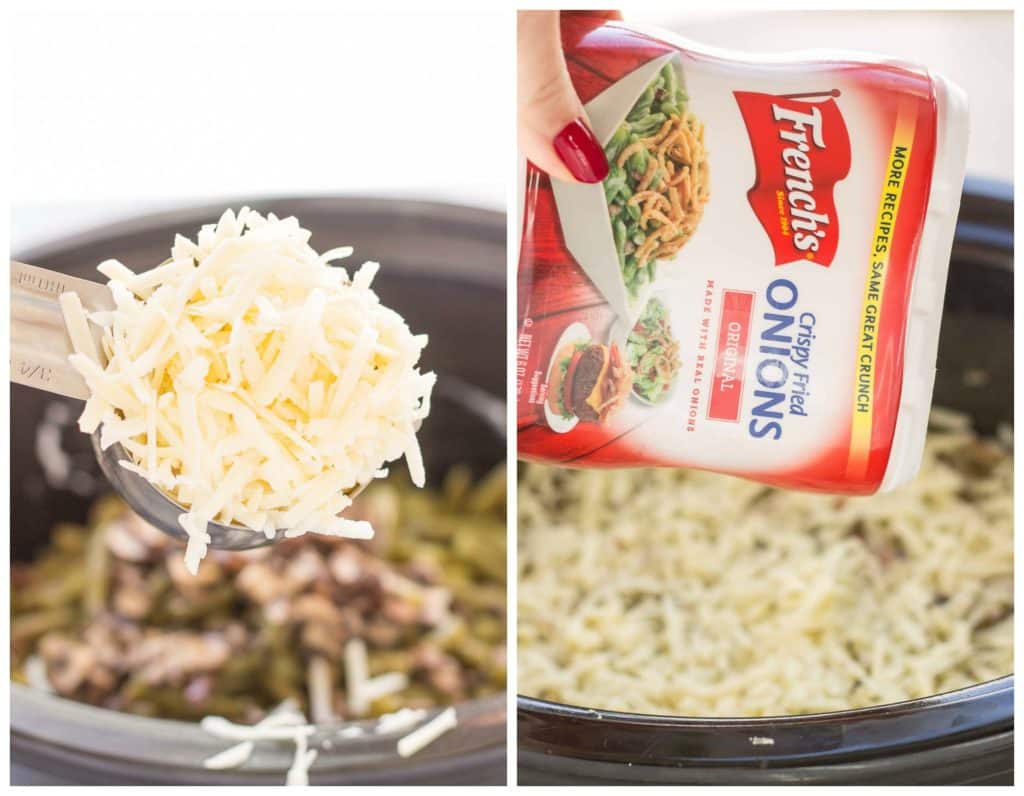 Sharp white cheddar cheese elevates this Slow Cooker White Cheddar Green Bean Casserole to make it the star side dish of your holiday table! | Strawberry Blondie Kitchen