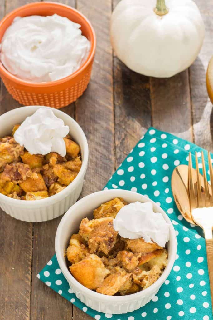 Warm and toasty, this Pumpkin Bread Pudding with Brown Sugar Sauce is pure bliss and then taken to another level with sweet brown sugar {whiskey} sauce! | Strawberry Blondie Kitchen