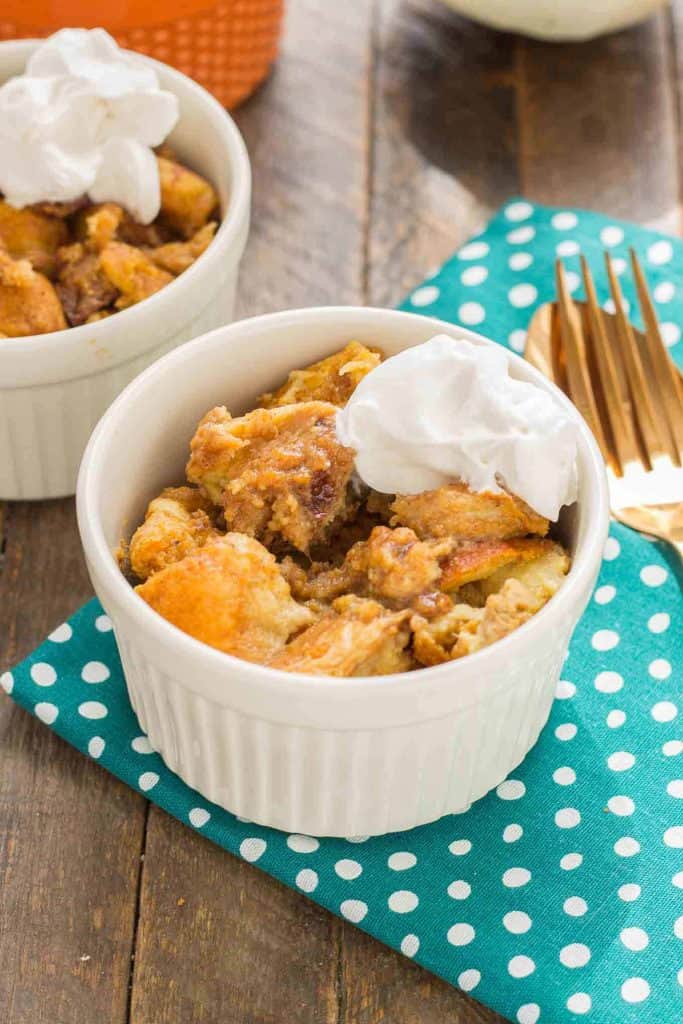 Warm and toasty, this Pumpkin Bread Pudding with Brown Sugar Sauce is pure bliss and then taken to another level with sweet brown sugar {whiskey} sauce! | Strawberry Blondie Kitchen