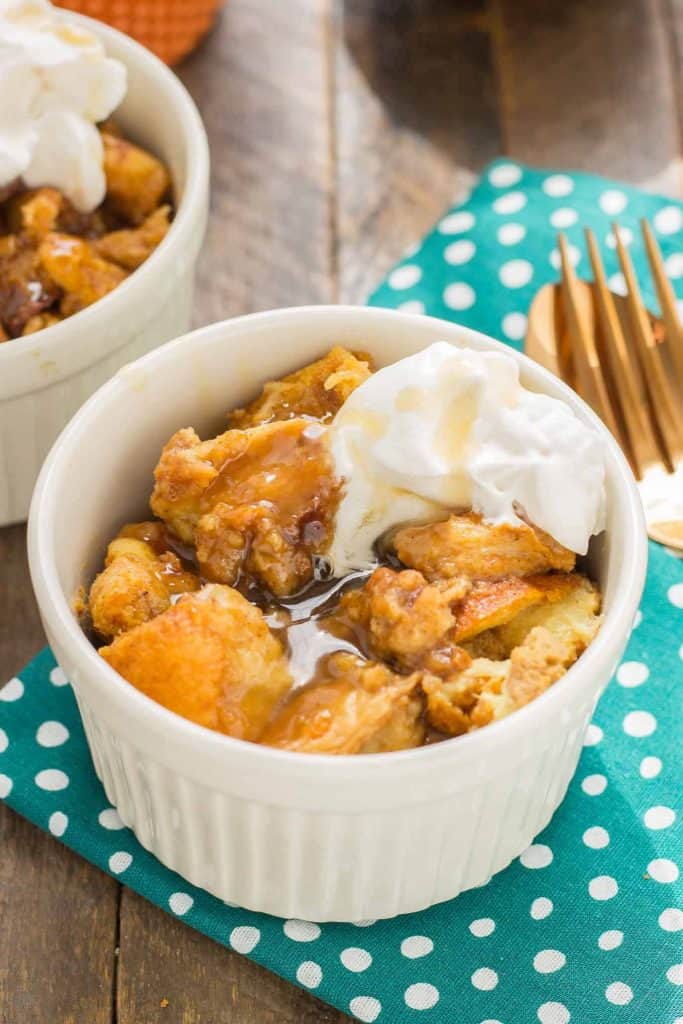 Warm and toasty, this Pumpkin Bread Pudding with Brown Sugar Sauce is pure bliss and then taken to another level with sweet brown sugar {whiskey} sauce! | Strawberry Blondie Kitchen