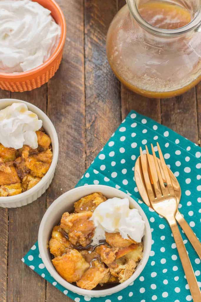 Warm and toasty, this Pumpkin Bread Pudding with Brown Sugar Sauce is pure bliss and then taken to another level with sweet brown sugar {whiskey} sauce! | Strawberry Blondie Kitchen