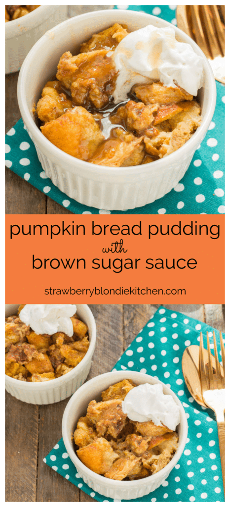 Warm and toasty, this Pumpkin Bread Pudding with Brown Sugar Sauce is pure bliss and then taken to another level with sweet brown sugar {whiskey} sauce! | Strawberry Blondie Kitchen