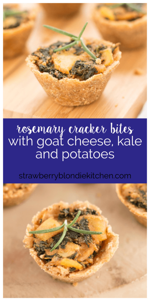 Rosemary Cracker Bites with Goat Cheese, Kale and Potatoes are the simplest and most delicious appetizer for your next holiday gathering! | Strawberry Blondie Kitchen