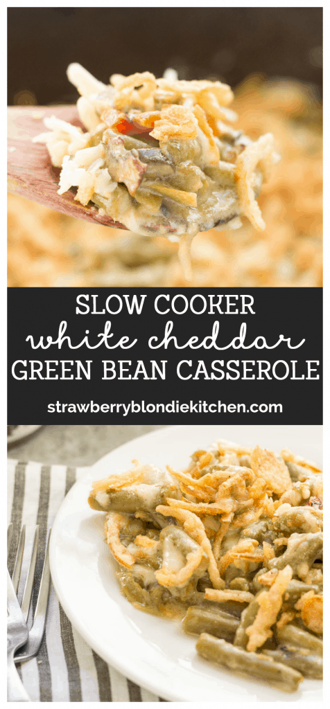 Sharp white cheddar cheese elevates this Slow Cooker White Cheddar Green Bean Casserole to make it the star side dish of your holiday table! | Strawberry Blondie Kitchen