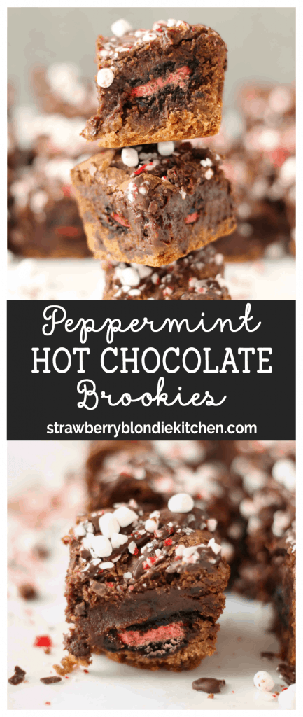 These Peppermint Hot Chocolate Brookies feature a layer of chocolate chip cookies, peppermint sandwich cookies, a layer of brownies and then topped with dark chocolate, crushed peppermint and mini marshmallows. | Strawberry Blondie Kitchen