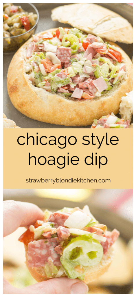 All the classic favorites of an Italian deli sandwich, Meats, cheese, peppers, lettuce and dressing all piled high inside of a bread bowl make this Chicago Style Hoagie Dip a new game day favorite! | Strawberry Blondie Kitchen