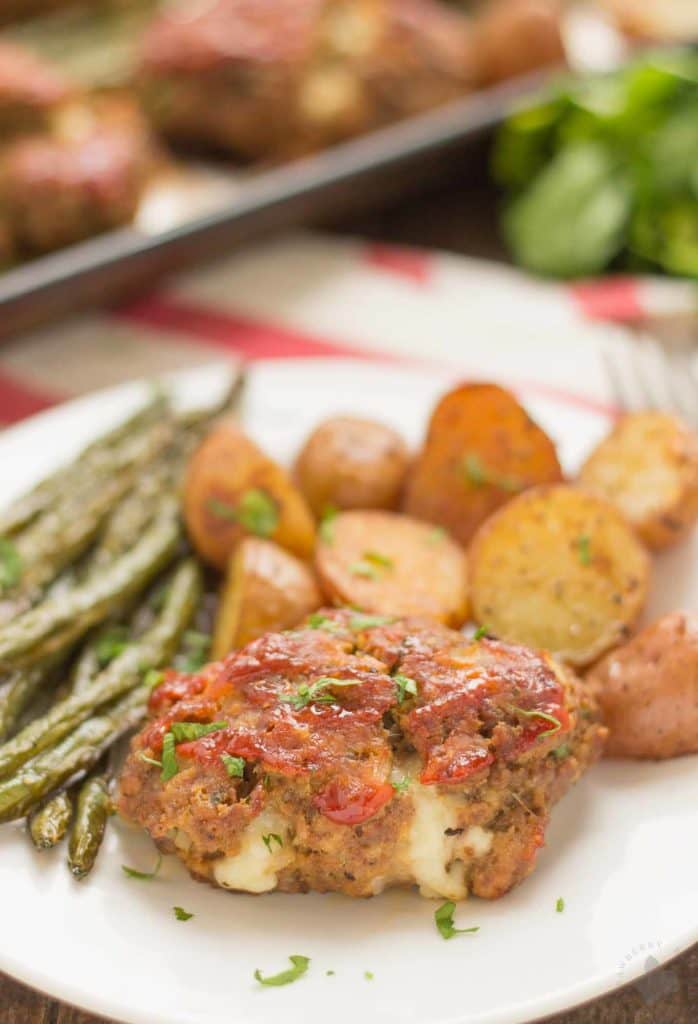 Plated Sheet Pan Mini Meatloaves with Potatoes and Green Beans
