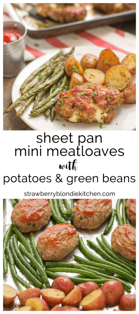 Sheet Pan Mini Meatloaves with Potatoes & Green Beans is the ultimate comfort food, cooked on one pan for easy cleanup. Now that's what I can a winner-winner, meatloaf dinner! | Strawberry Blondie Kitchen