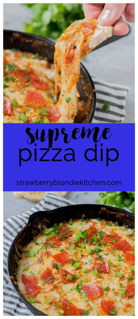 Supreme Pizza Dip is an ooey, gooey, cheesy dip sure to please everyone!  Filled with your favorite pizza toppings, it's sure to be a crowd pleaser! | Strawberry Blondie Kitchen