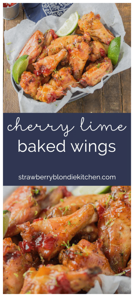 Sweet, tart and tangy, these Cherry Lime Baked Wings are delicious and addictive. Be sure to make a big batch, they're sure to be the hit of your next game day party! | Strawberry Blondie Kitchen