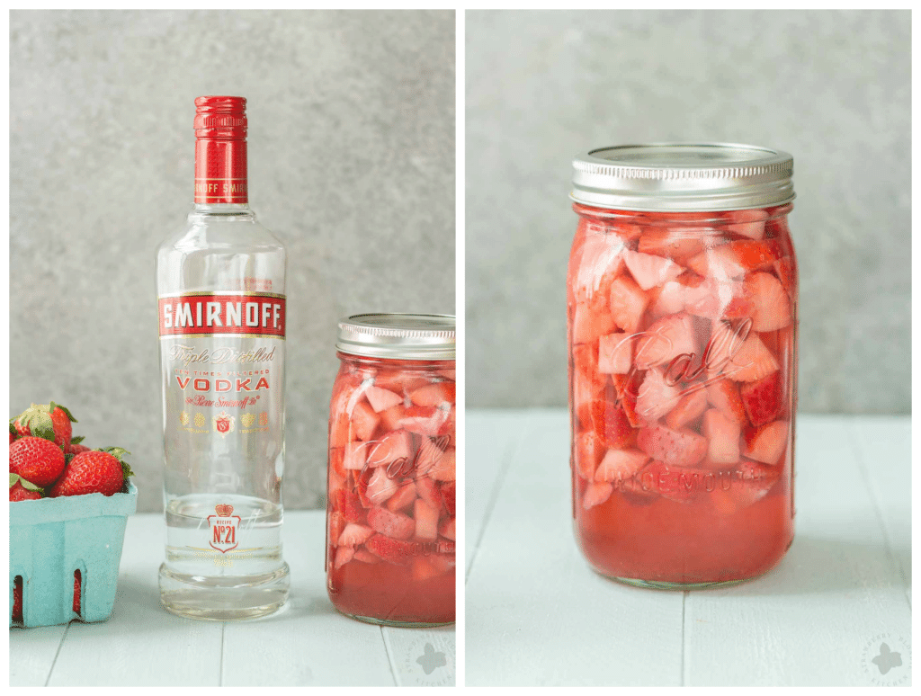 No need to wait for summer to enjoy this delicious and refreshing Strawberry Moscow Mule Float. Made using homemade strawberry vodka and strawberry sorbet, you're sure to love this twist on a classic! | Strawberry Blondie Kitchen