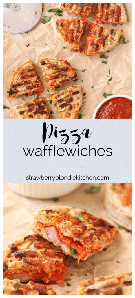 Get the kids into the kitchen and mix up your Eggo waffles. Start with an ingredient bar full of their favorite pizza toppings to create these fun Pizza Wafflewiches. | Strawberry Blondie Kitchen