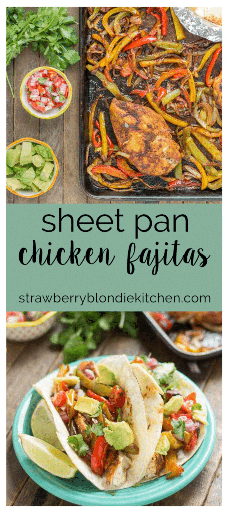 Bursting with flavor and cooked all on ONE pan, these easy Sheet Pan Chicken Fajitas are sure to become permanent in your dinner rotation. You'll love the quick cleanup too! | Strawberry Blondie Kitchen