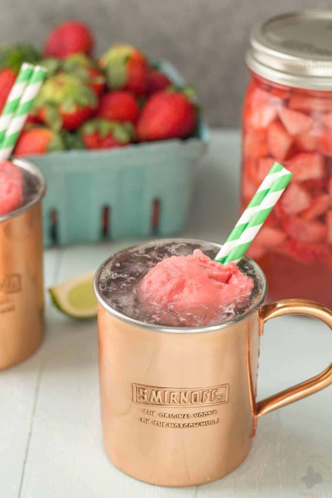 No need to wait for summer to enjoy this delicious and refreshing Strawberry Moscow Mule Float. Made using homemade strawberry vodka and strawberry sorbet, you're sure to love this twist on a classic! | Strawberry Blondie Kitchen