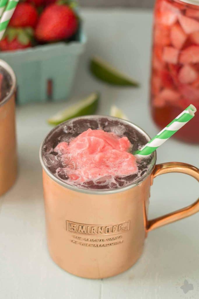 No need to wait for summer to enjoy this delicious and refreshing Strawberry Moscow Mule Float. Made using homemade strawberry vodka and strawberry sorbet, you're sure to love this twist on a classic! | Strawberry Blondie Kitchen