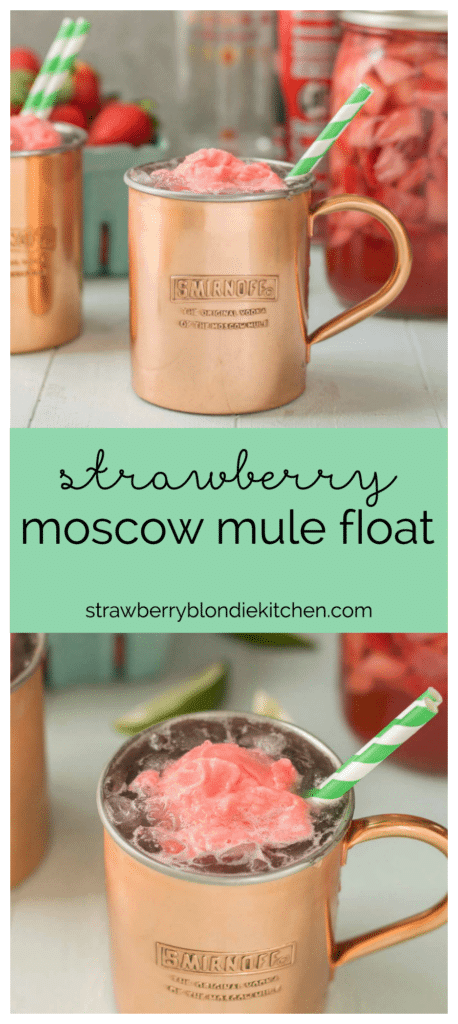 No need to wait for summer to enjoy this delicious and refreshing Strawberry Moscow Mule Float. Made using homemade strawberry vodka and strawberry sorbet, you're sure to love this twist on a classic! | Strawberry Blondie Kitchen