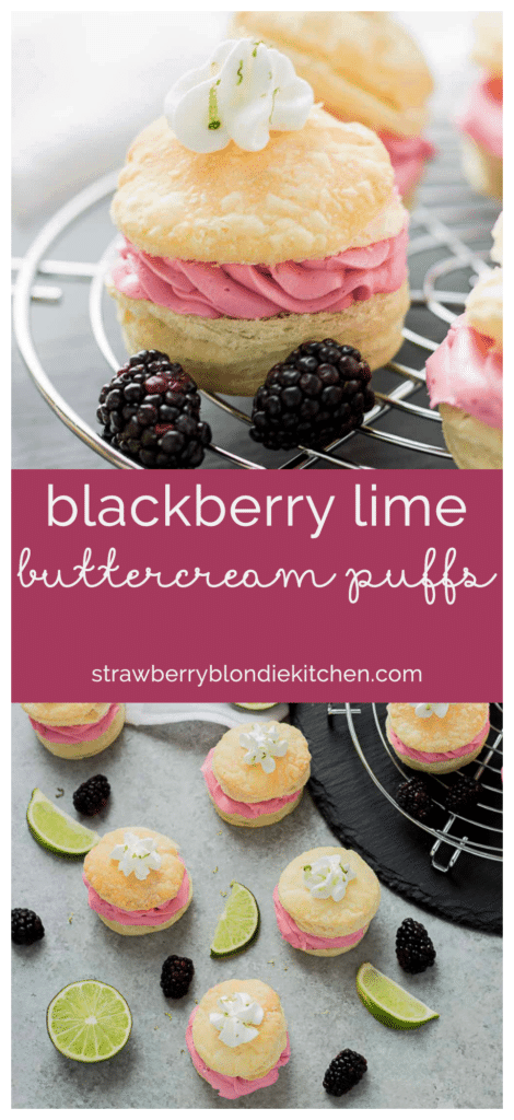 These elegant but simple, Blackberry Lime Buttercream Puffs are sweet, creamy and light. They're filled with a delicious homemade lime curd and fresh blackberry compote. | Strawberry Blondie Kitchen