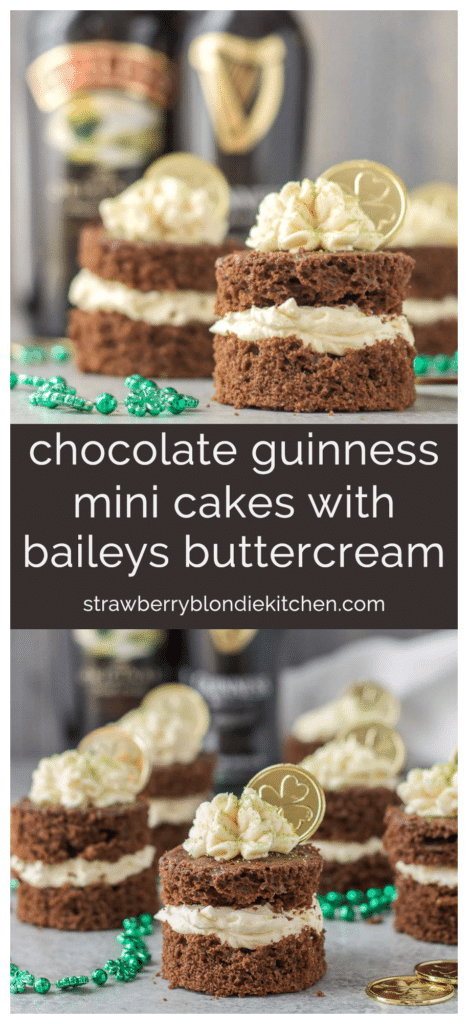 Guinness and Baileys are a match made in Heaven in this Chocolate Guinness Mini Cakes with Baileys Buttercream. It's decadently moist, rich and the perfect ending to your St. Patrick's day festivities. | Strawberry Blondie Kitchen