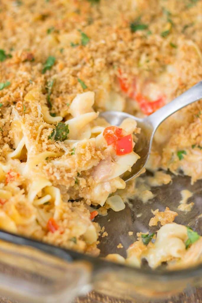 Delicious, creamy and made healthier with a few ingredient swaps, this Lightened Up Cheesy Tuna Noodle Casserole has all the flavors you loved from when you were a kid! | Strawberry Blondie Kitchen