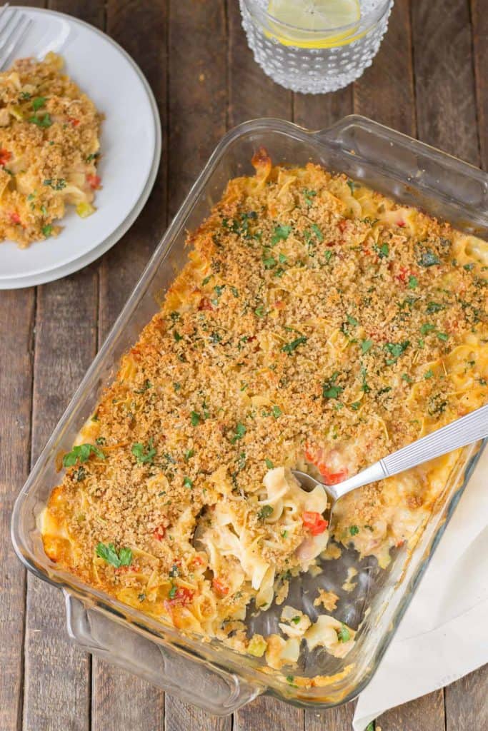 Delicious, creamy and made healthier with a few ingredient swaps, this Lightened Up Cheesy Tuna Noodle Casserole has all the flavors you loved from when you were a kid! | Strawberry Blondie Kitchen