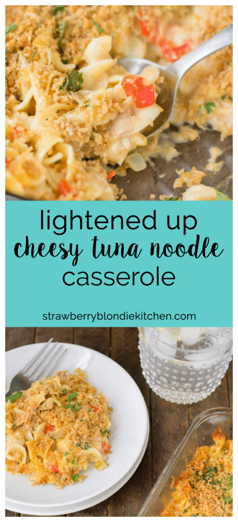 Delicious, creamy and made healthier with a few ingredient swaps, this Lightened Up Cheesy Tuna Noodle Casserole has all the flavors you loved from when you were a kid! | Strawberry Blondie Kitchen