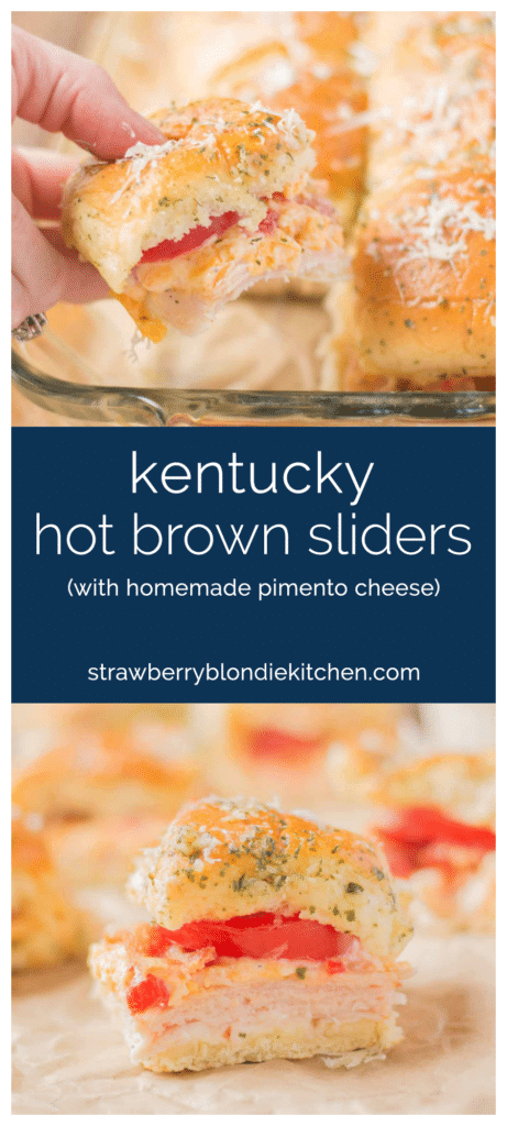 A twist on the classic hot brown, these Kentucky Hot Brown Sliders feature Castle Wood Reserve® honey turkey breast, homemade pimento cheese, bacon and tomatoes. The perfect appetizer to add to your Kentucky Derby Party. | Strawberry Blondie Kitchen