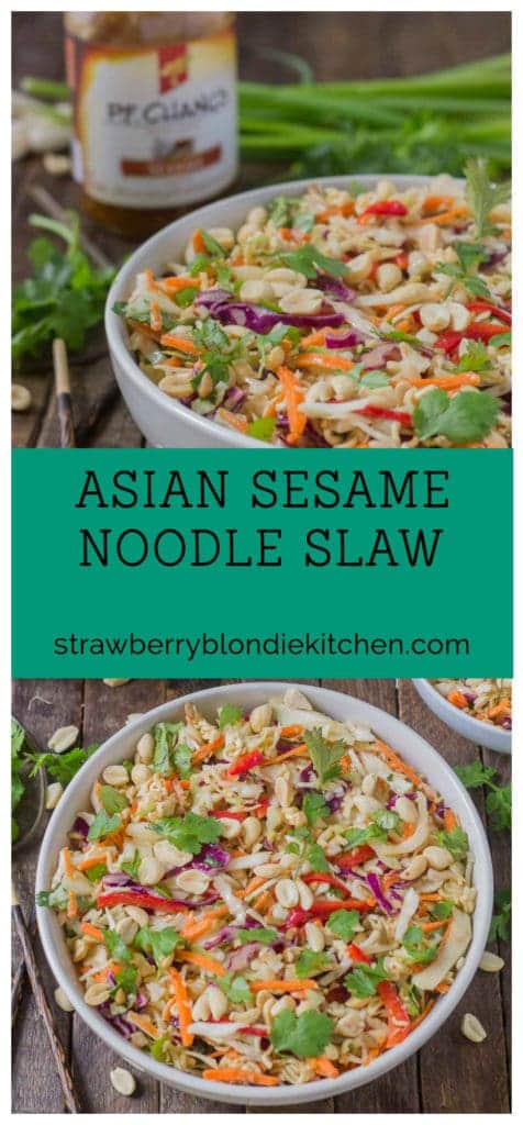 Simple and delicious, this Asian Sesame Noodle Slaw comes together quickly with a little help from P.F. Chang's Sesame sauce for you to be side dish ready in 5 minutes! | Strawberry Blondie Kitchen