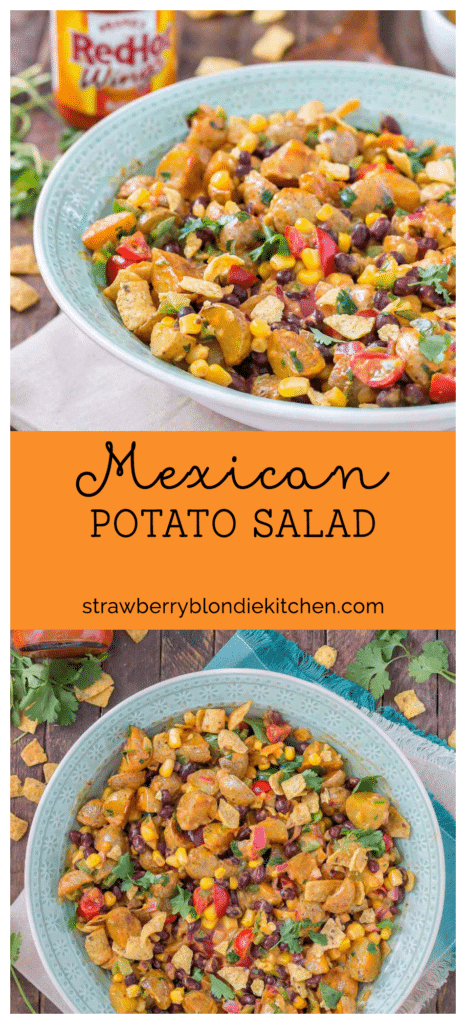 This Mexican Potato Salad is bursting with delicious flavor. Corn, black beans, cherry tomatoes, cilantro and Frank's Redhot Buffalo Wing Sauce make for one amazing side dish for all your summertime gatherings. | Strawberry Blondie Kitchen