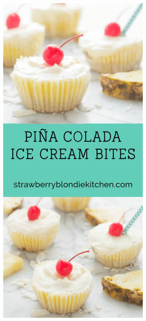 Piña Colada Ice Cream Bites are the perfect treat to cool down this summer. Layers of coconut crust, pureed pineapple and Coconut ProYo High Protein Low Fat Ice Cream make these your new summertime dessert. | Strawberry Blondie Kitchen