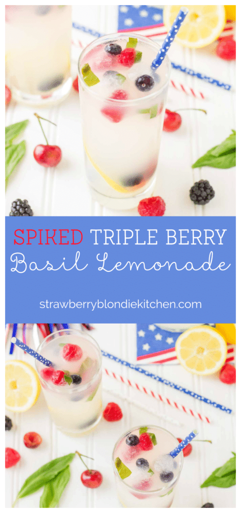 Refreshing and delicious, this Spiked Triple Berry Basil Lemonade is a perfect balance of sweet and tart. Smirnoff® Red, White and Berry vodka mixed with tart lemonade and fresh, sweet berries is the ultimate summertime cocktail! | Strawberry Blondie Kitchen