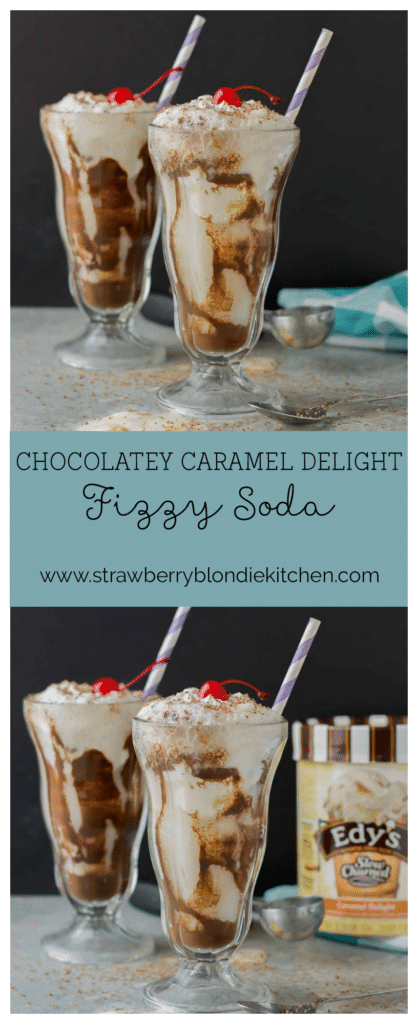 Chocolatey, fizzy and with swirls of caramel delight ice cream, this Chocolatey Caramel Delight Fizzy Soda will you help beat the heat! | Strawberry Blondie Kitchen