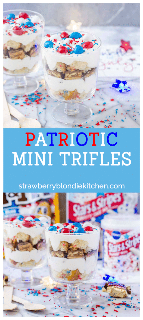 Layers of Pillsbury™ Funfetti® Cake, Frosting, Snickers and M&M’s make these Patriotic Mini Trifles the best way to spread your love of Red, White and Blue! | Strawberry Blondie Kitchen