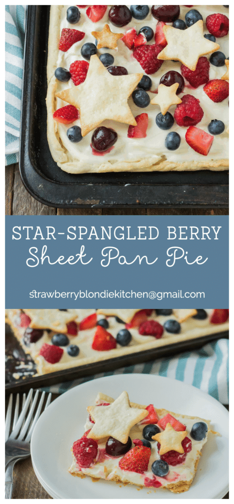 What is more Patriotic than a Star Spangled Berry Sheet Pan Pie?  It's an all American pie loaded with berries, citrus flavors and studded with pie stars.  A delicious addition to all your festive parties this year! | Strawberry Blondie Kitchen