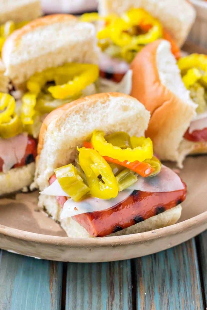 Chicago Style Italian Smoked Sausage Sliders feature Eckrich Smoked Sausage, provolone and giardiniera on a slider roll.  A twist on the classic sandwich, you'll love this bite sized version even more! | Strawberry Blondie Kitchen