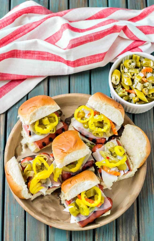 Chicago Style Italian Smoked Sausage Sliders feature Eckrich Smoked Sausage, provolone and giardiniera on a slider roll.  A twist on the classic sandwich, you'll love this bite sized version even more! | Strawberry Blondie Kitchen