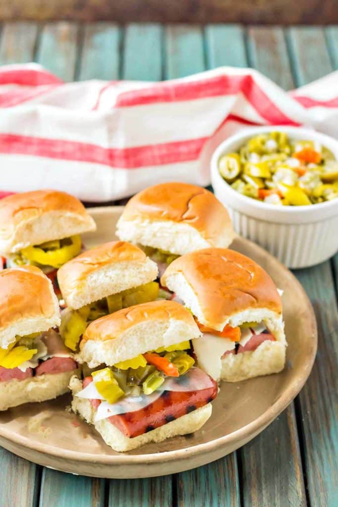 Chicago Style Italian Smoked Sausage Sliders feature Eckrich Smoked Sausage, provolone and giardiniera on a slider roll.  A twist on the classic sandwich, you'll love this bite sized version even more! | Strawberry Blondie Kitchen