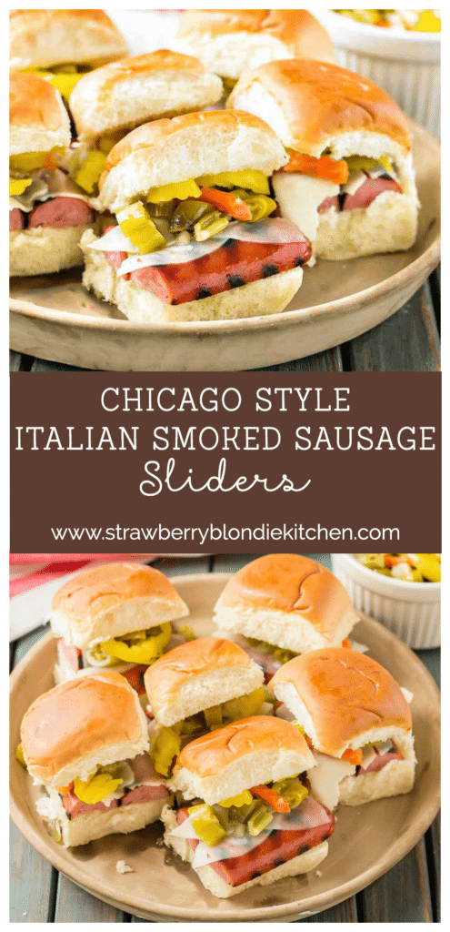 Chicago Italian Smoked Sausage Sliders feature Eckrich Smoked Sausage, provolone and giardiniera on a slider roll.  A twist on the classic sandwich, you'll love this bite sized version even more! | Strawberry Blondie Kitchen