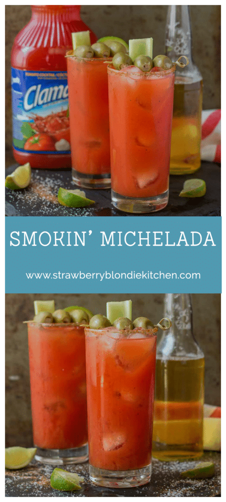 Smoky spices, liquid smoke and Clamato juice blend perfectly to create these Smokin’ Micheladas which are the ultimate brunch sippers. | Strawberry Blondie Kitchen
