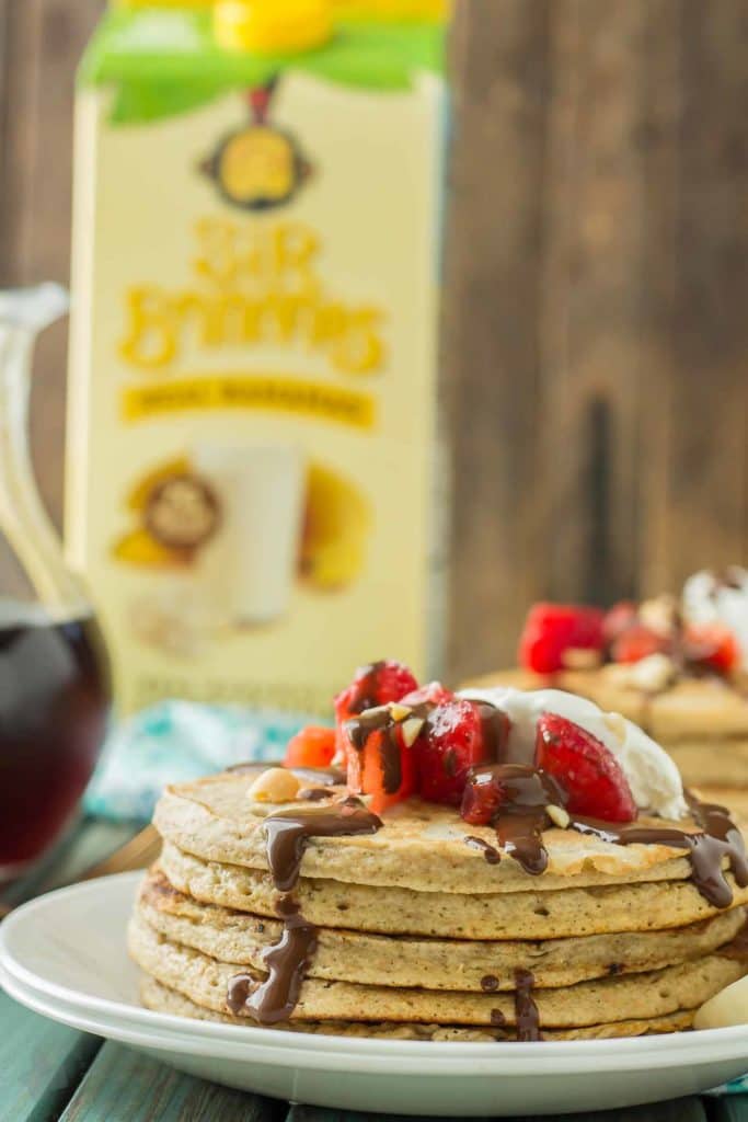 Now you can have an ice cream sundae for breakfast.  Banana Split Pancakes have all the flavors you love of the classic ice cream treat, in breakfast form! | Strawberry Blondie Kitchen