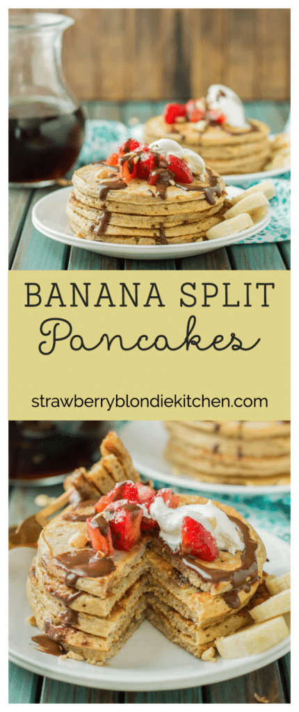 Now you can have an ice cream sundae for breakfast.  Banana Split Pancakes have all the flavors you love of the classic ice cream treat, in breakfast form! | Strawberry Blondie Kitchen