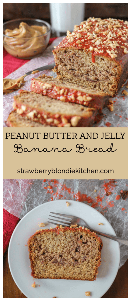 Peanut Butter and Jelly Banana Bread is a PB & J lovers dream!  Switch up the jelly to create your ultimate sandwich in a baked bread form. | Strawberry Blondie Kitchen